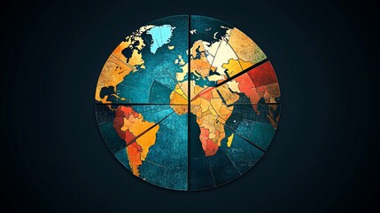 A world map divided into seven segments, with each segment representing a different continent.  The map is set against a dark blue background.