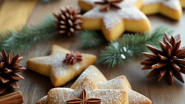 A close-up of a tasty and decorated Christmas cookie sprinkled with sugar and cinnamon