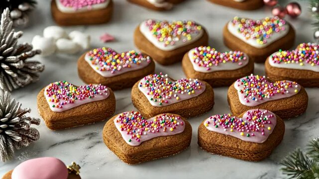A beautifully arranged display of handcrafted heart-shaped gingerbread cookies, intricately decorated with colorful icing and sprinkles. The cookies exude a festive charm, perfect for holiday