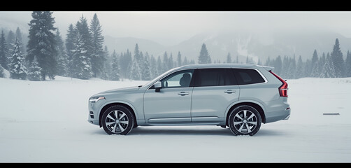 A white car stands in a clearing amidst a snow-covered forest.