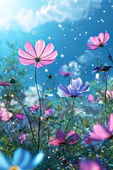 Stunning image of colorful cosmos flowers reaching toward sunny sky. Ideal for floral designs, seasonal greetings, botanical projects, print. Emphasizes beauty, tranquility of springtime landscapes.