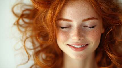 Naklejka premium A young woman with vibrant red curls smiles softly while relaxing indoors, enjoying a moment of peace in natural light