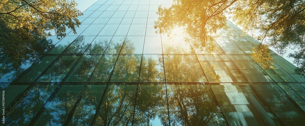 Poster low angle view of a modern glass building reflecting trees and sunlight.