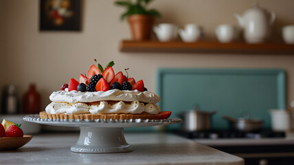 Pavlova cake on the cake stand on the kitchen table