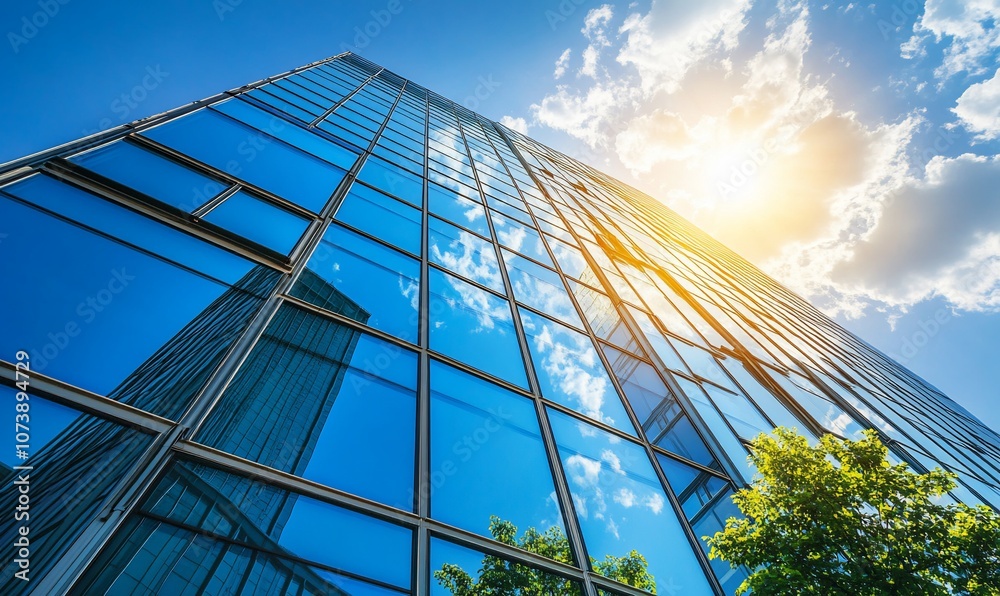 Poster low angle view of a modern glass skyscraper with blue sky and white clouds reflecting in the windows