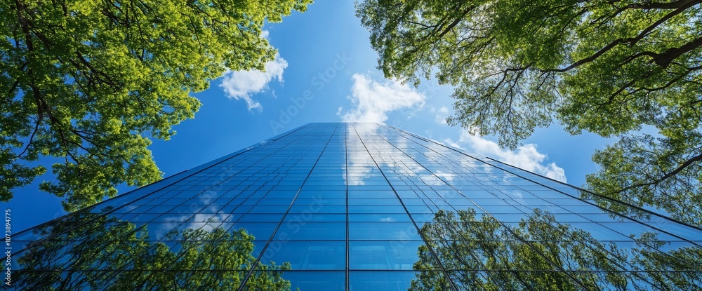 Poster low angle view of a modern glass skyscraper with blue sky and clouds reflected in the windows, frame