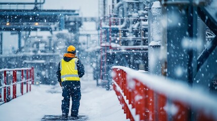 Worker in heavy snowfall at industrial site with safety gear