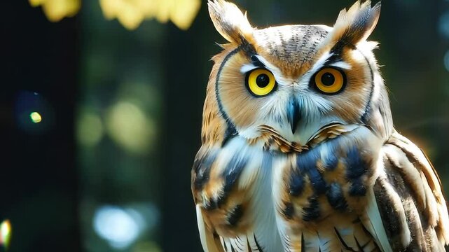 A brown owl is sitting on a branch. The owl has yellow eyes and is looking at the camera