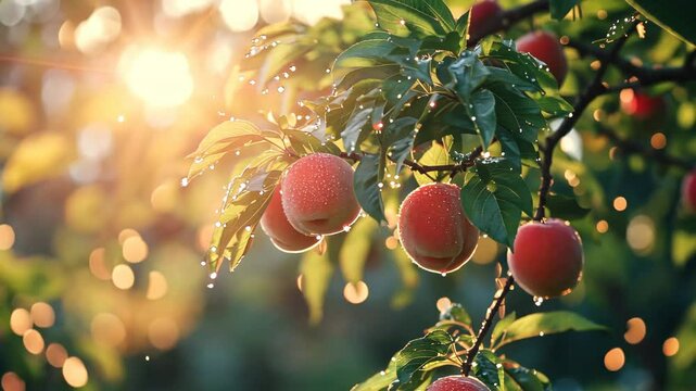 A vibrant peach trees with fruit hanging from branches and morning dew drops sparkling in the sunlight
