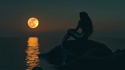 Fototapeta premium A mermaid silhouette sits on a rock as the moon rises over the water.