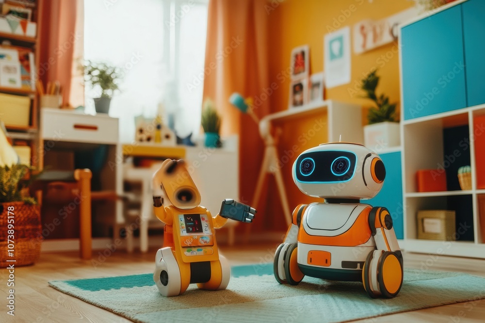 Leinwandbilder Friendly robot assistants are actively engaging with children in a colorful and inviting room designed for fun and learning. Generative AI