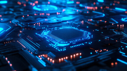 Illuminated hexagonal patterns in a futuristic digital landscape with blue and orange highlights