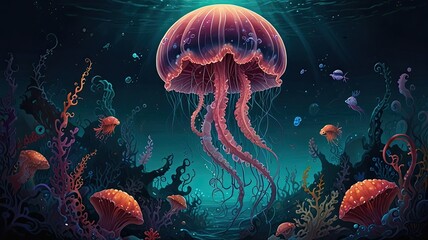 Obraz premium A vibrant underwater world showcases jellyfish and other marine life swimming among intricate coral formations illuminated by soft light from above