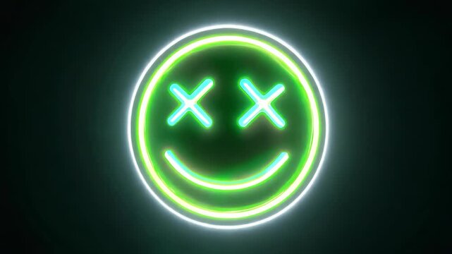 A green neon smiley face with two X's on it. The X's are glowing and the face is lit up