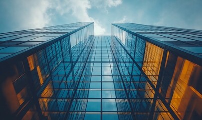 Low angle view of two modern glass skyscrapers reaching towards a cloudy sky.