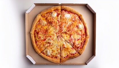 Delicious pizza with tomato and melted cheese in cardboard box on white background