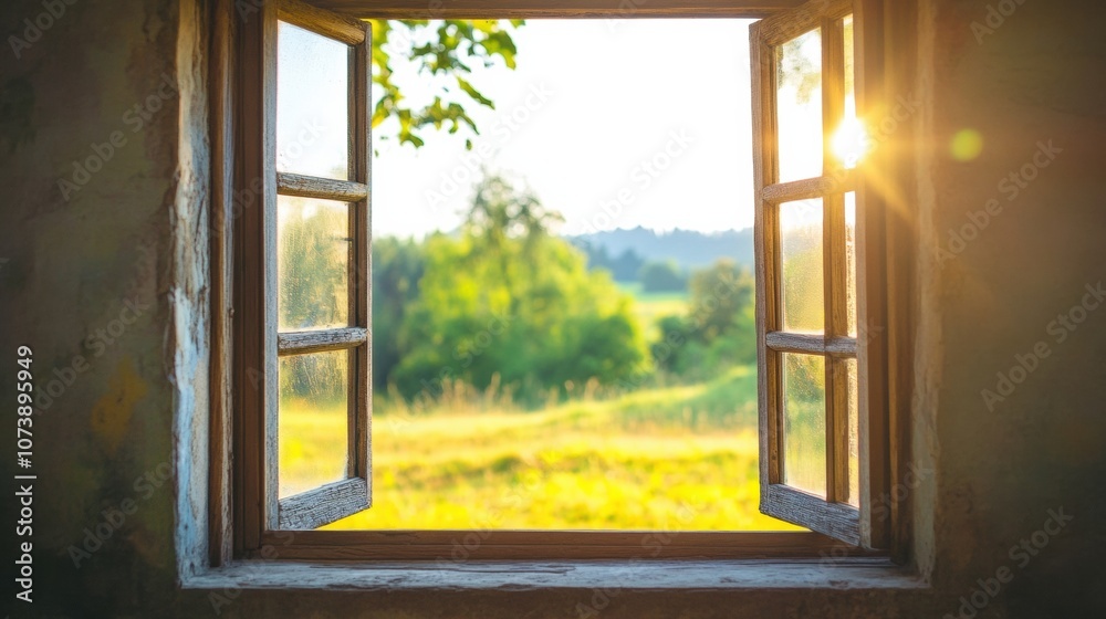 Poster Morning light streams through an open window, showcasing a tranquil landscape filled with greenery and sunshine. Generative AI