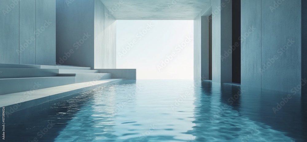 Poster Modern architecture with a swimming pool and concrete walls with steps leading into the pool.