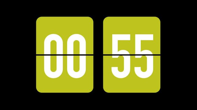 1 Minute Flip Countdown Timer Clock with Yellow Shape and White Lettering on Black Background, Removable Black Background for Easy Overlay, Ideal for Video Editing and Motion Graphics