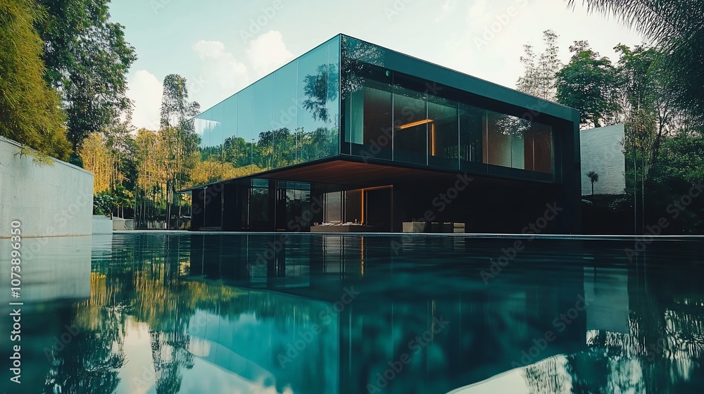 Poster modern black house with large windows and swimming pool reflecting the sky in front of a lush green 
