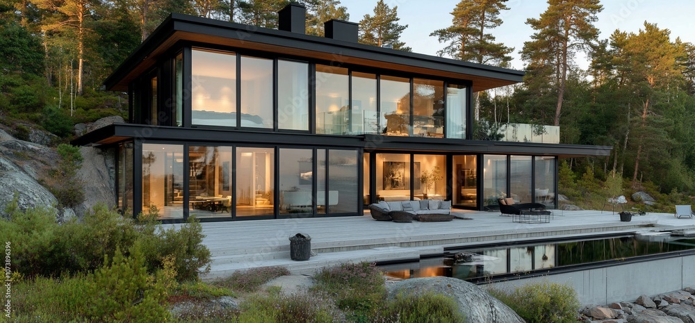 Poster modern black house with large windows and an infinity pool overlooking a forest.