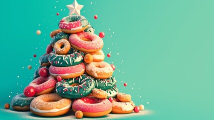 Obraz premium Donuts shaped as Christmas tree composition background 