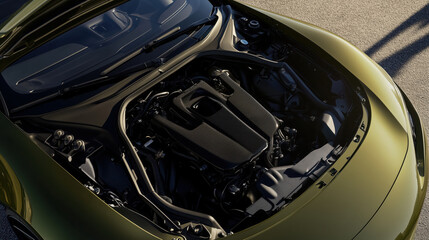 Top View of a Modern Olive Green Car Featuring a Powerful Black Engine Compartment Displaying Advanced GDI Technology in Natural Light