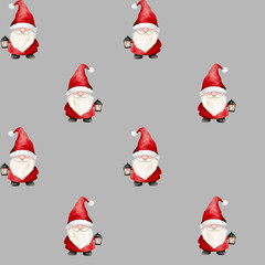 Fototapeta premium Seamless Pattern with Watercolor Christmas Gnome. Christmas Background. Winter Holiday Theme.