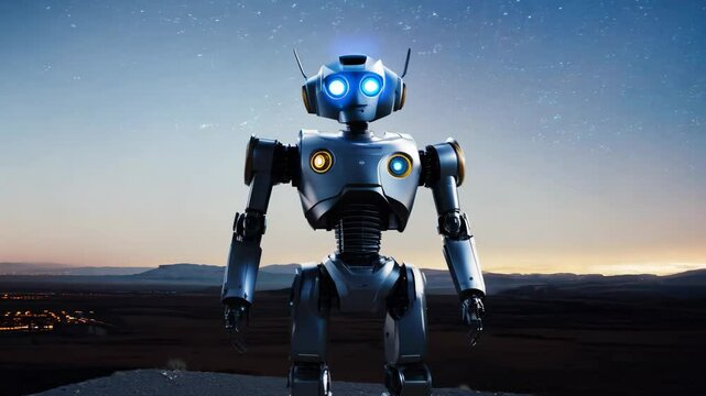 A robot is standing in the desert at night. The robot is blue and has a light on its head