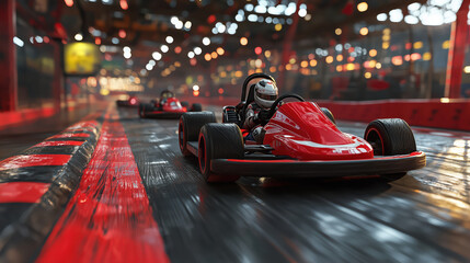 Thrilling Karting Race on Indoor Circuit With Dynamic Red Go-Karts and Intense Motion Blur Emphasizing Speed and Competition