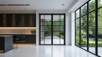 Obraz premium modern empty kitchen interior with high ceiling and big terrace windows