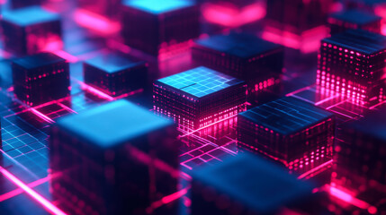 A vibrant close-up view of glowing abstract cubes arranged in a futuristic digital landscape against a black background