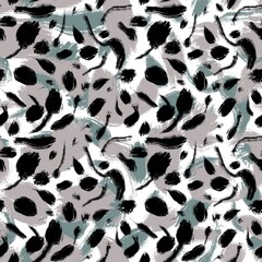 Seamless abstract textured pattern. Simple background black, green, beige, white. Stains, lines. Digital brush strokes. Design for textile fabrics, wrapping paper, background, wallpaper, cover.