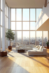 Fototapeta premium A living room filled with furniture and large windows