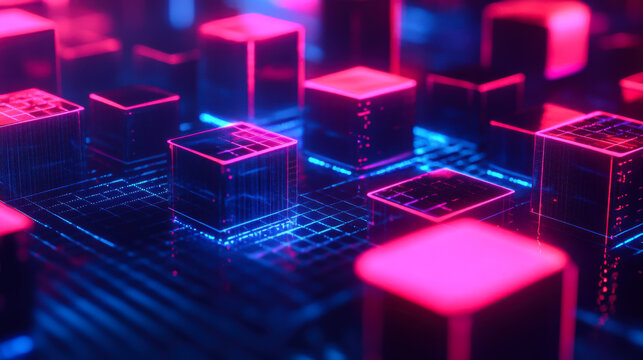 A vibrant close-up view of glowing abstract cubes arranged in a futuristic digital landscape against a black background