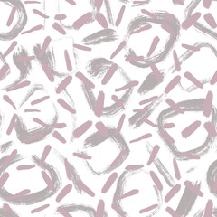 Seamless abstract textured pattern. Simple background grey, pink, white. Circles, rings, lines. Digital brush strokes. Design for textile fabrics, wrapping paper, background, wallpaper, cover.