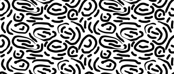 Seamless abstract geometric pattern. Background in black, white. Illustration. Lines, meanders, ovals, circles. Design for textile fabrics, wrapping paper, background, wallpaper, cover.