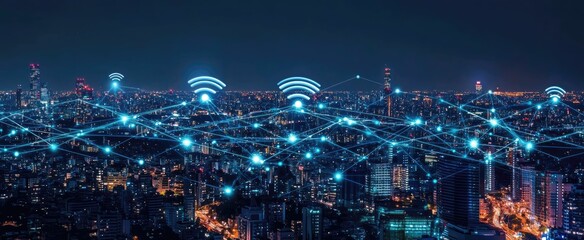 Modern city with wireless network connection and city scape concept.Wireless network and Connection technology concept with city background at night.