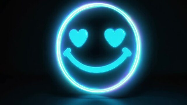 A smiling face with two hearts on it. The face is blue and the hearts are red. The face is lit up and he is glowing
