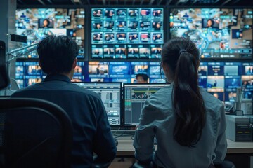 Rear view photo of two persons of different races monitoring the computer screen in the office