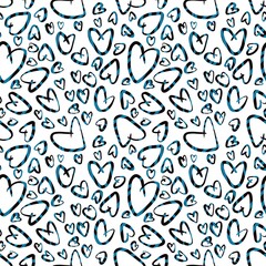 Seamless abstract geometric pattern. Simple background in blue, black, white colors. Hearts. Digital texture. Illustration. Design for textile fabrics, wrapping paper, background, wallpaper, cover.