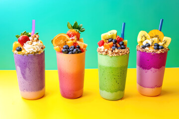 Colorful fruit smoothies with exotic toppings for a refreshing summer delight