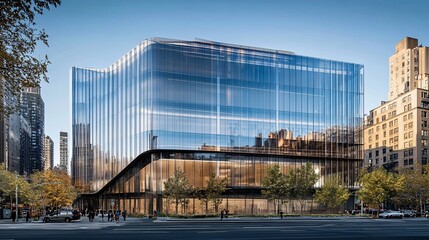 Modern glass and steel building with a gold facade in an urban setting.