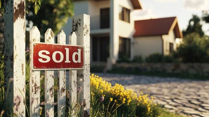 Sold Sign on Picket Fence: A red "sold" sign proudly hangs on a weathered picket fence, signaling the closing of a real estate deal and the beginning of a new chapter for a home buyer.
