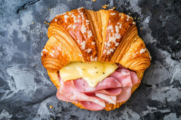 Trendy overhead view of a croissant sandwich with ham and cheese