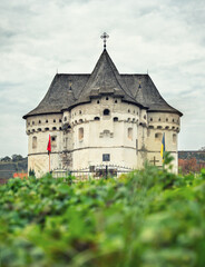 Portrait view from grass level to facade of old fortress-church in autumn day