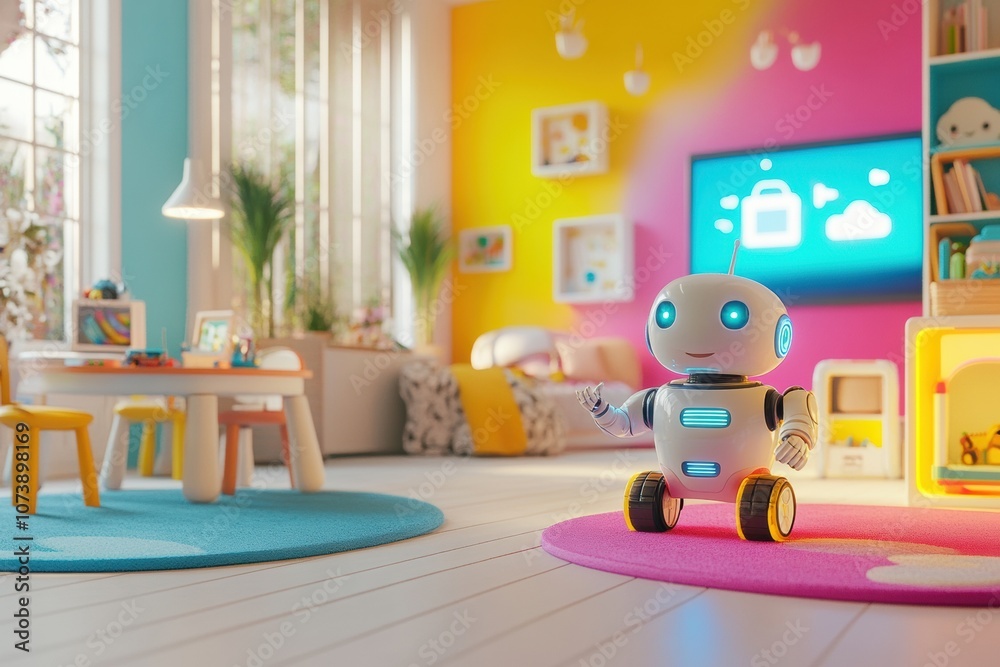 Aufkleber brightly colored walls surround a cheerful children's room with robot assistants interactively engag