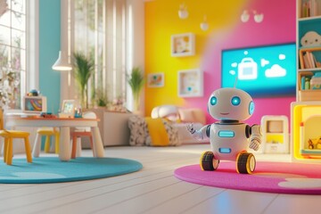 Brightly colored walls surround a cheerful children's room with robot assistants interactively engaging with toys on a soft rug. Generative AI