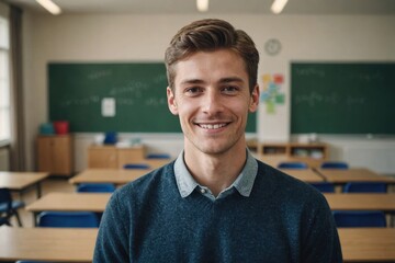 Fototapeta premium Close portrait of a smiling young Slovenian male elegant primary school teacher standing and looking at the camera, indoors almost empty classroom blurred background