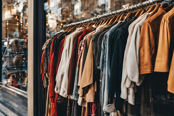 Obraz premium Stylish Clothing Display in a Boutique Window, A boutique clothing rack showcasing elegant coats, jackets, and fashion items in a modern store window
